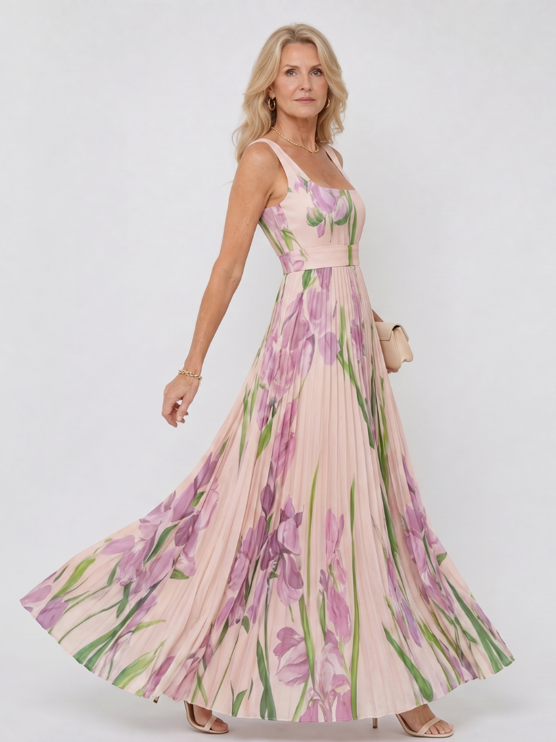 Margarita Vestido plisado con estampado de tulipanes
