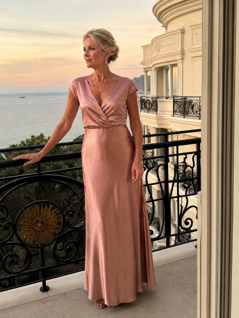 Vanessa Vestido largo en rosa con brillo satinado