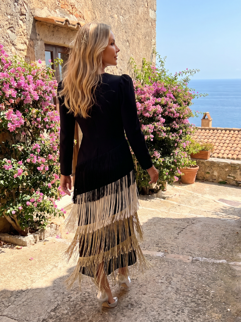 Paloma Vestido midi con flecos en verde salvia