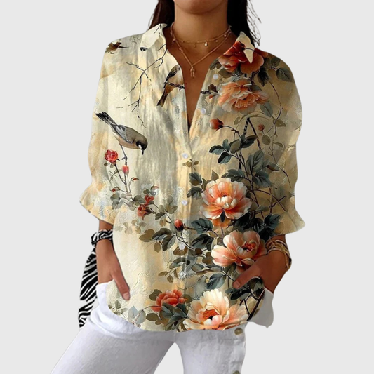 Blusa de Botones con Estampado de Ave y Peonías