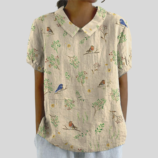 Blusa de Botones de Manga Corta con Estampado de Pájaros