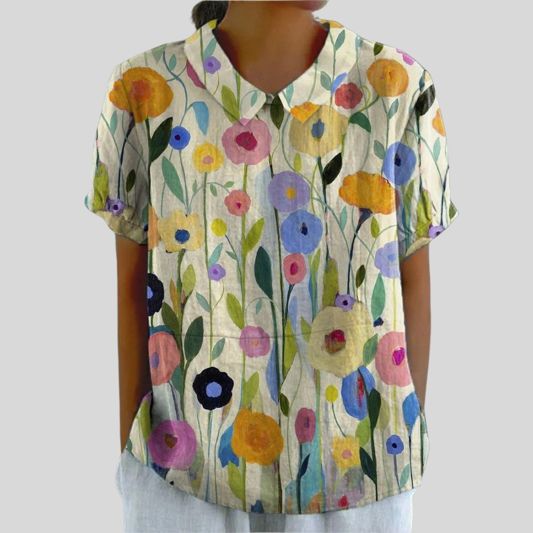 Blusa de Botones de Manga Corta con Estampado Floral Artístico