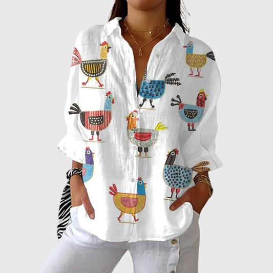 Blusa de Botones con Estampado de Gallinas Coloridas