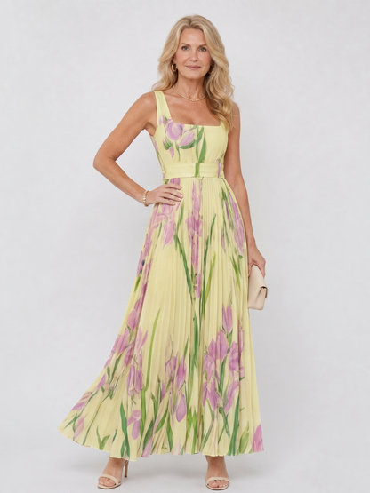 Margarita Vestido plisado con estampado de tulipanes