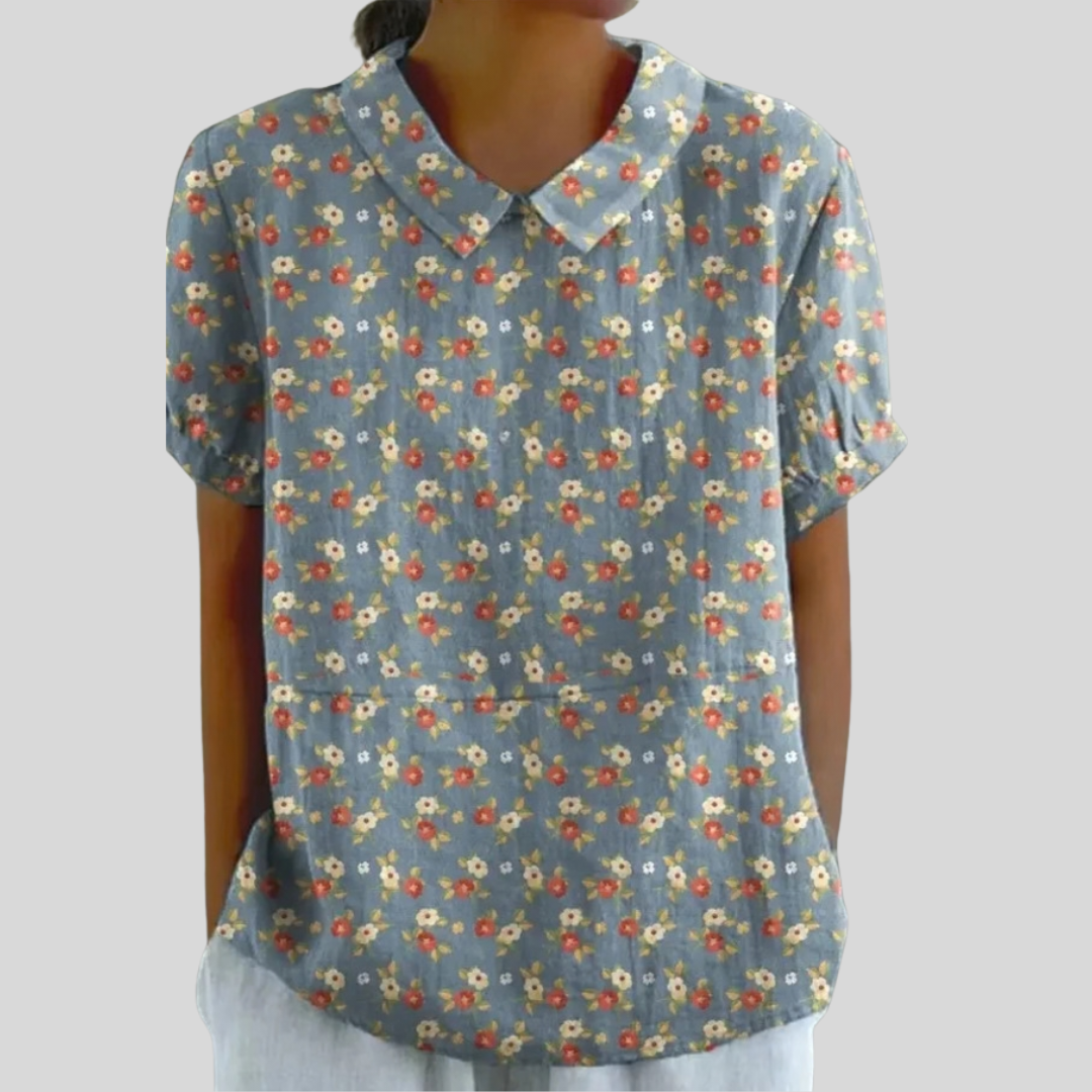 Blusa de Botones de Manga Corta con Estampado Floral en Verde Azulado