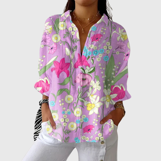 Blusa de Botones con Estampado de Lirios