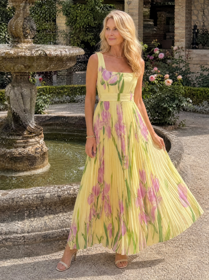 Margarita Vestido plisado con estampado de tulipanes