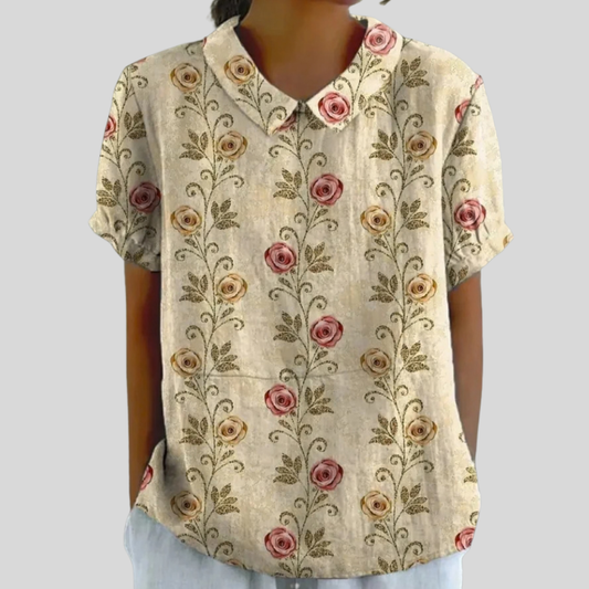 Blusa de Botones de Manga Corta con Estampado de Rosas en Lino