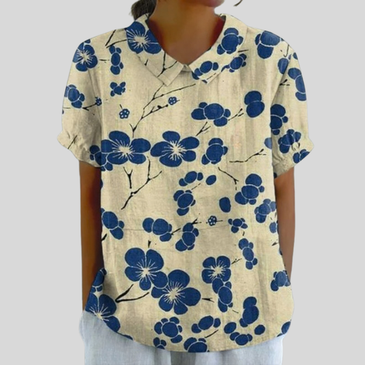 Blusa de Botones de Manga Corta con Estampado de Flores Azules