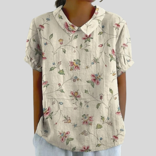 Blusa de Botones de Manga Corta con Estampado Floral sobre Lino