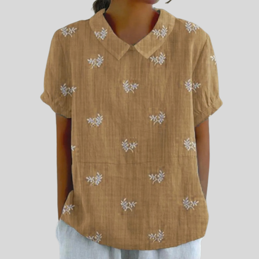 Blusa de Botones de Manga Corta con Estampado Floral sobre Camel