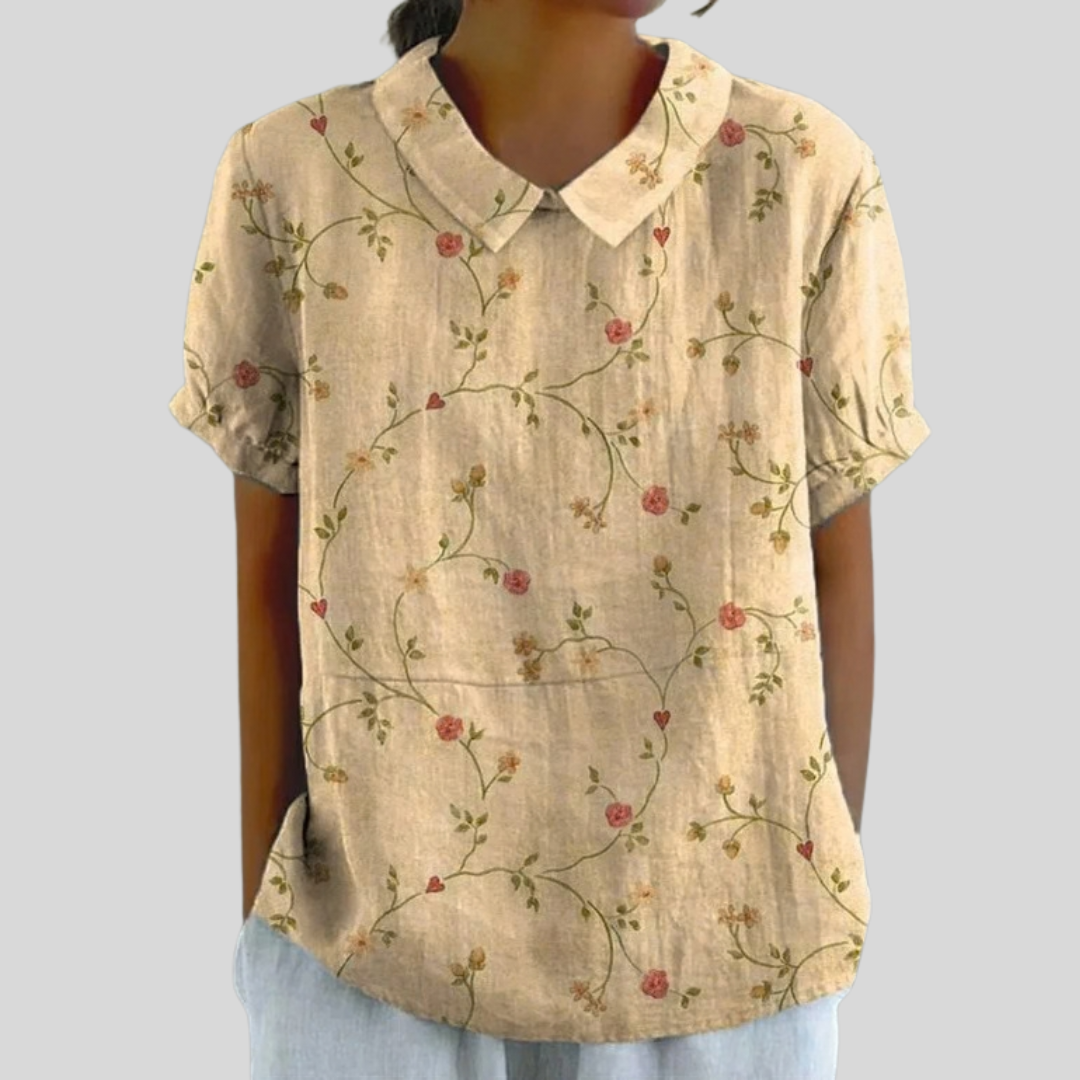 Blusa de Botones de Manga Corta con Estampado Floral en Mostaza