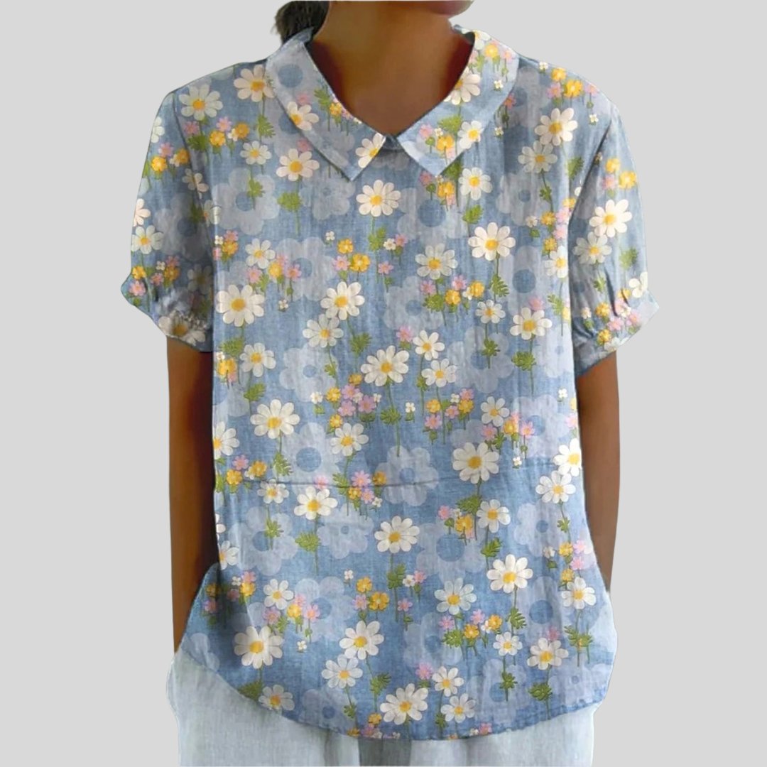 Blusa de Botones de Manga Corta con Estampado de Margaritas en Azul