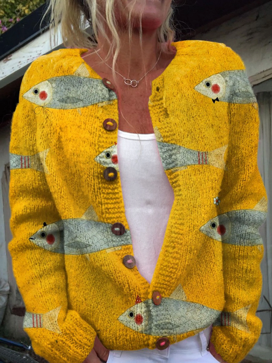 Esperanza™ | Cárdigan amarillo con motivo de peces