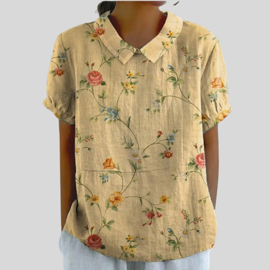 Blusa de Botones de Manga Corta con Estampado Floral Coral sobre Mostaza
