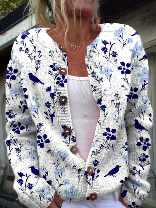 Verónica™ | Cárdigan blanco con flores y aves en azul