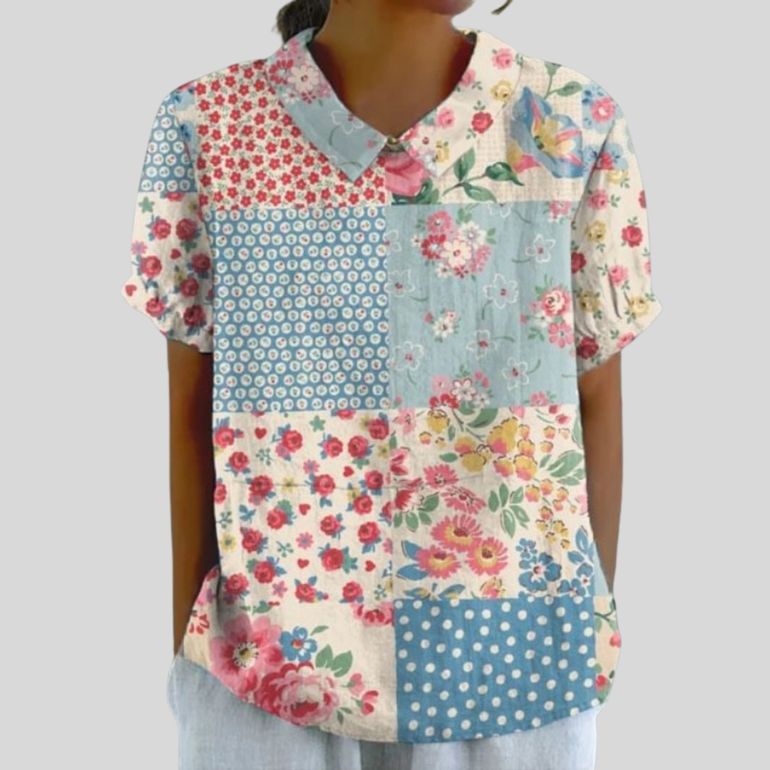 Blusa de Botones de Manga Corta con Estampado Patchwork Floral