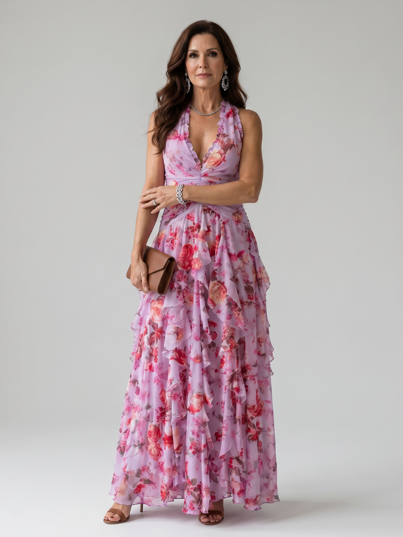 Susana Vestido largo con estampado floral en lila