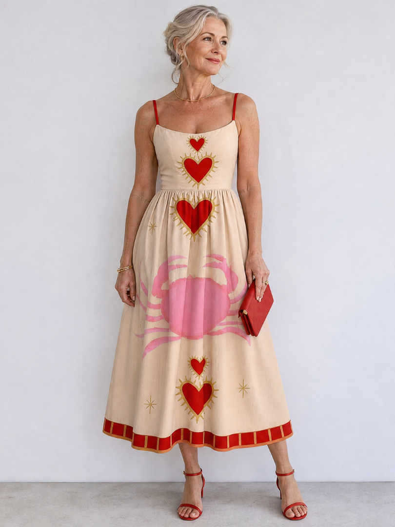 Fátima Vestido midi con estampado de corazones en rosa