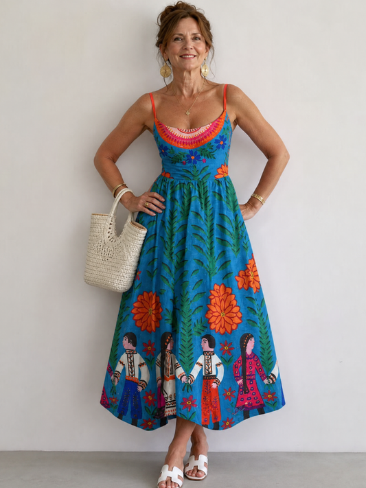 Abril Vestido midi con estampado folclórico en azul