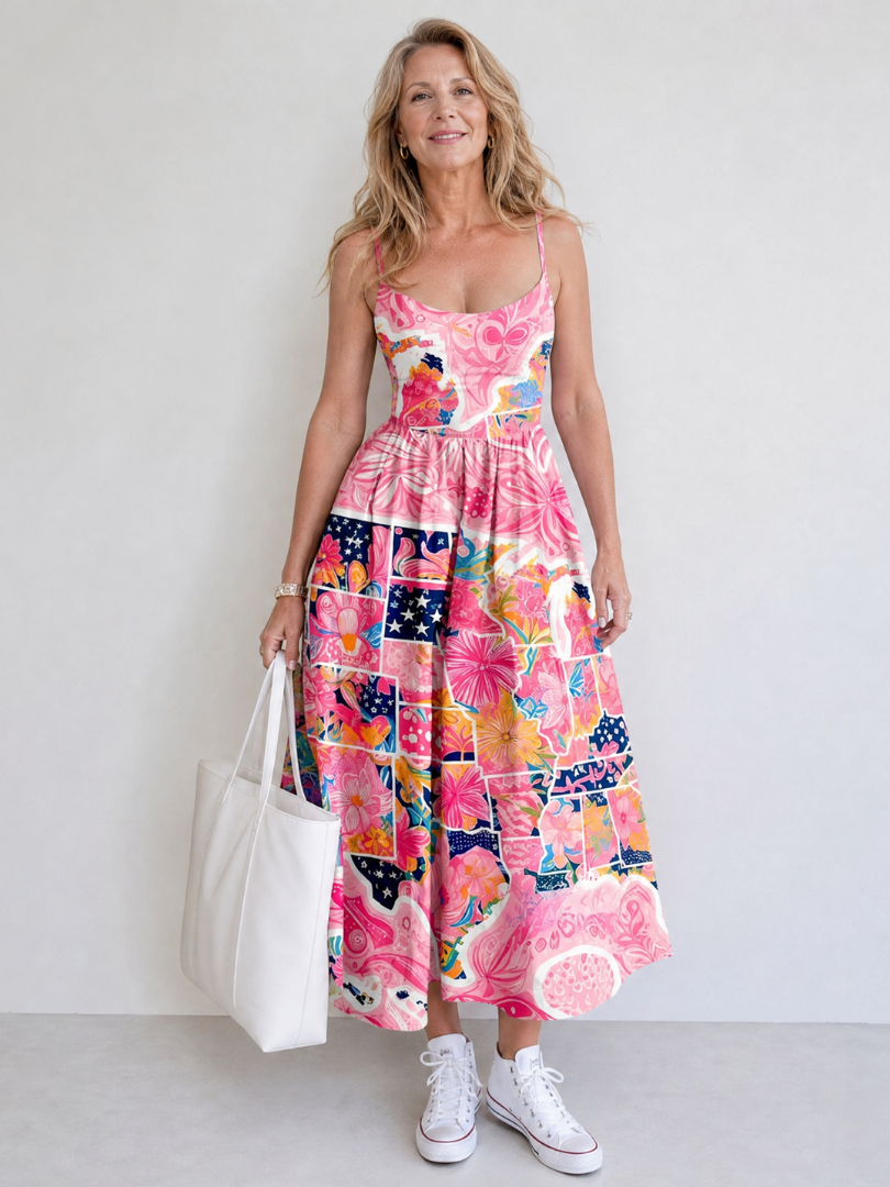 Valeria Vestido midi con patchwork floral en rosa