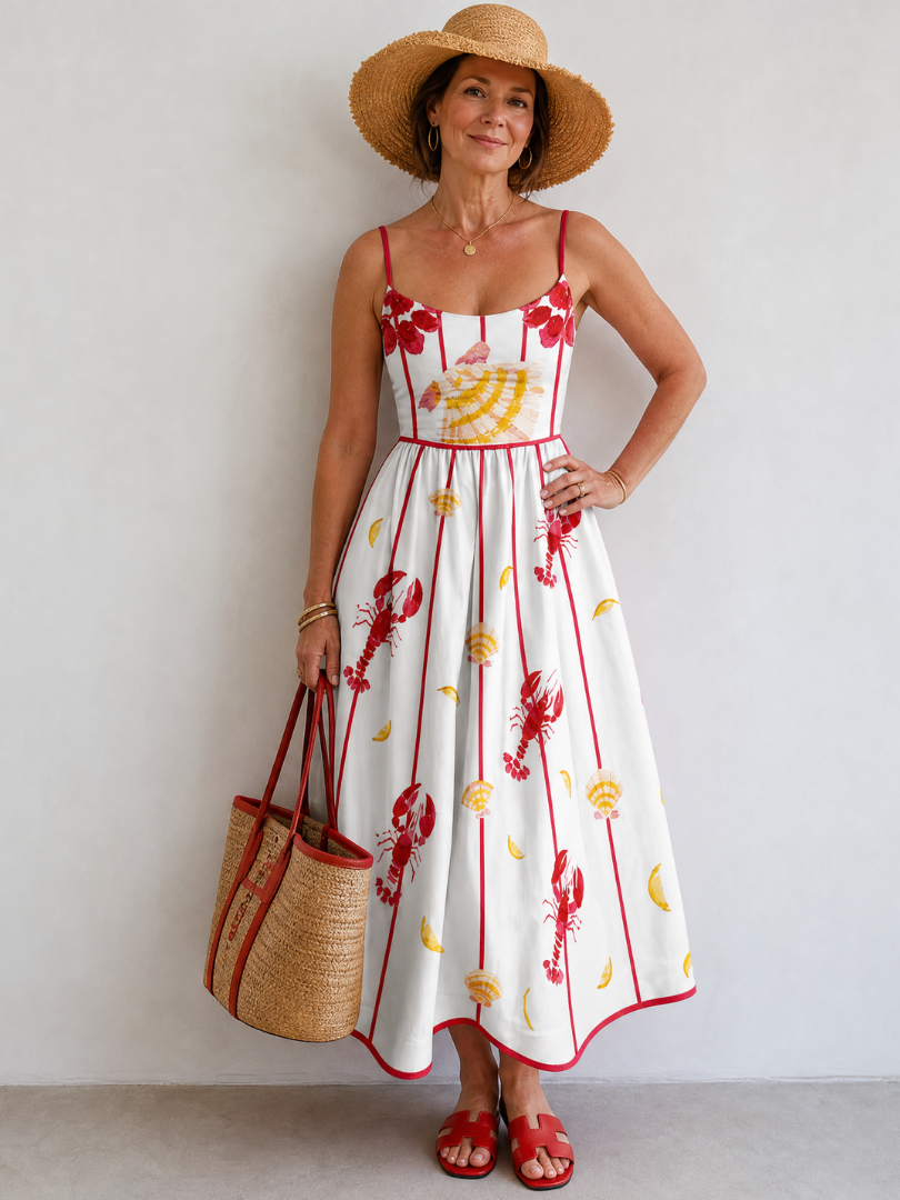 Jazmín Vestido midi con estampado de langostas y conchas