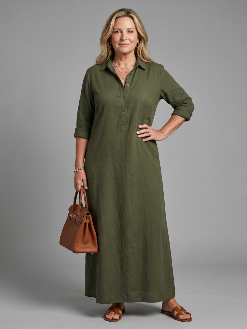 Paulina Vestido largo en verde olivo tipo lino