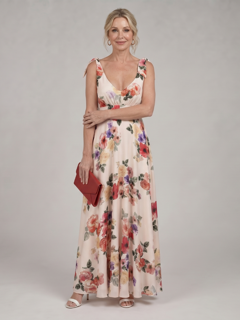 Mónica Vestido largo con rosas sobre crema