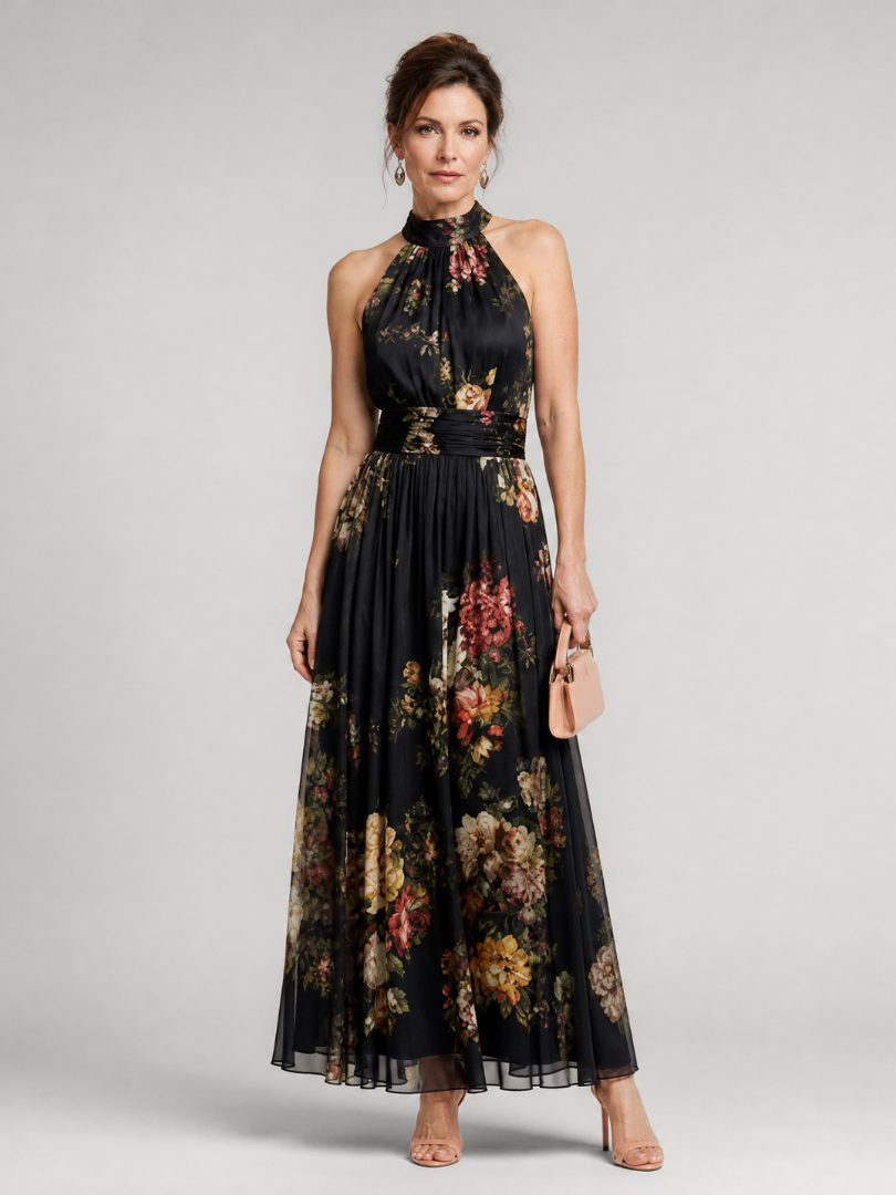 Ana Laura Vestido largo con rosas sobre negro