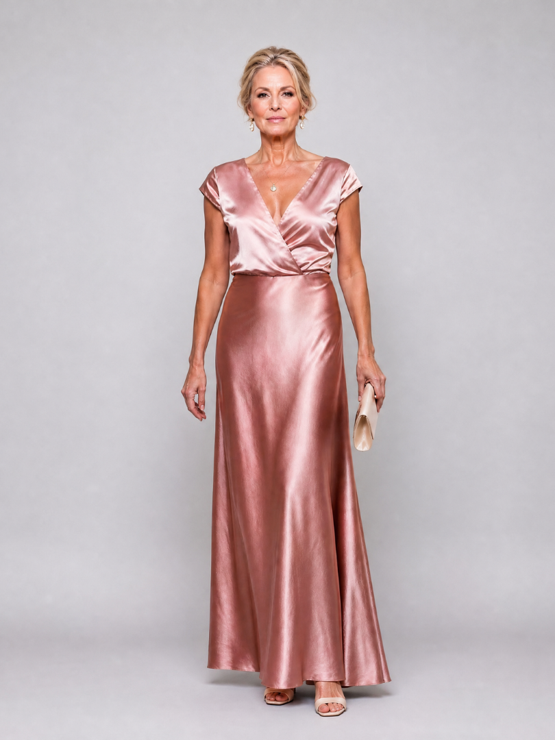 Vanessa Vestido largo en rosa con brillo satinado