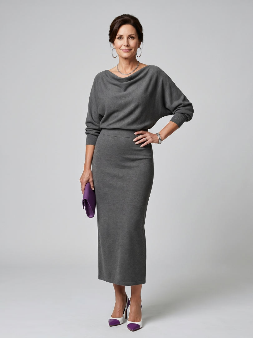 Norma Vestido tejido en gris con escote cascada