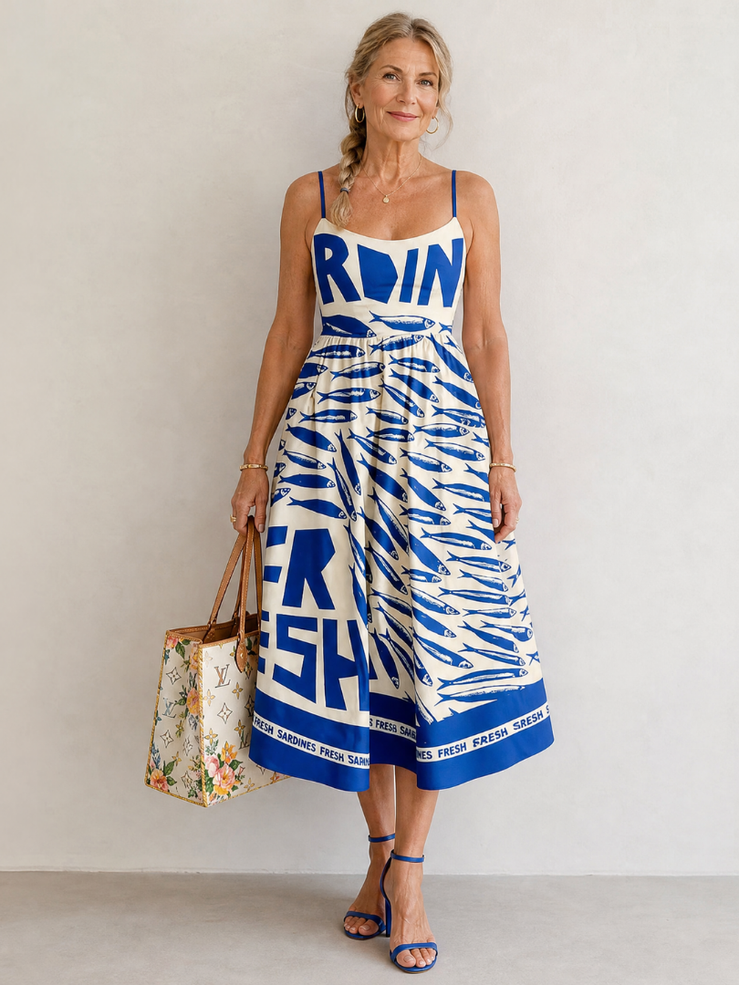 Alma Vestido midi con estampado de peces en azul