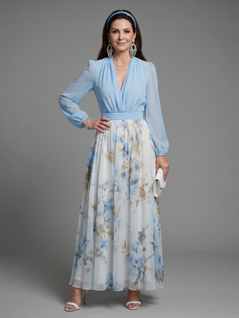 Nayeli Vestido largo con falda floral en azul claro