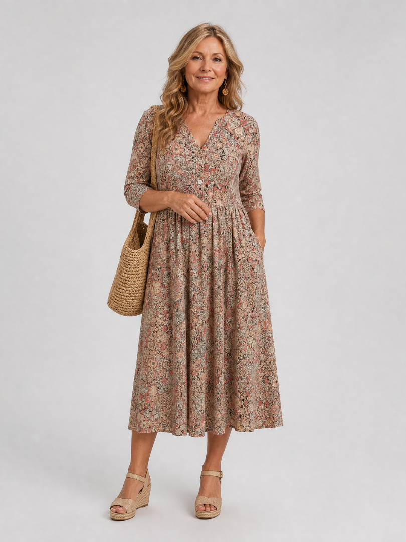 Lorena Vestido midi con flores pequeñas en beige