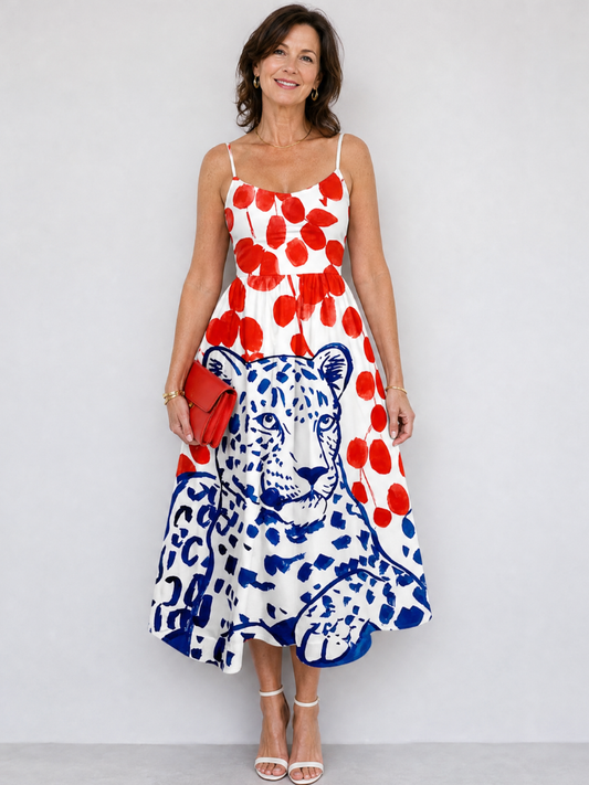 Lizeth Vestido midi con estampado de leopardo y puntos