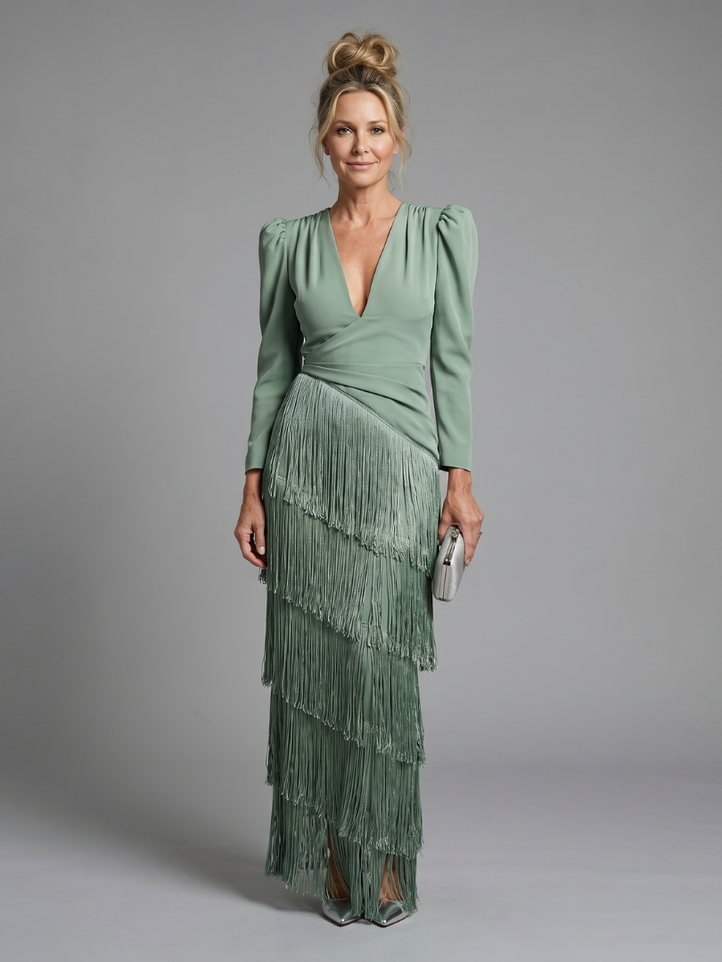 Paloma Vestido midi con flecos en verde salvia