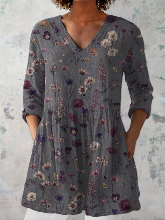 Elena | Blusa Túnica con Escote en V y Estampado Botánico