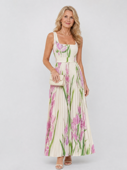 Margarita Vestido plisado con estampado de tulipanes