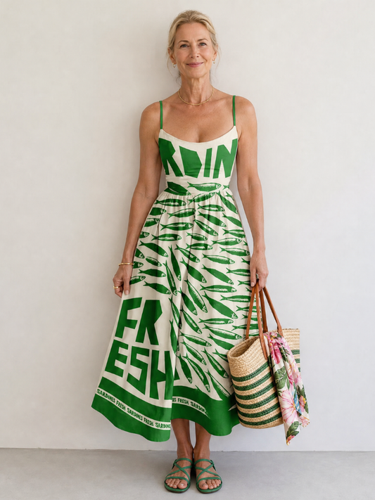 Irma Vestido midi con estampado de peces en verde