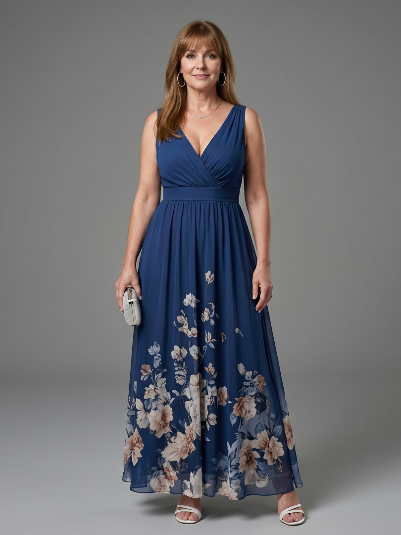 Ana Paula Vestido largo con flores en el ruedo en azul marino