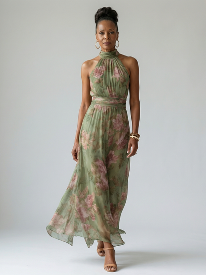 Rosa María Vestido midi con rosas sobre salvia