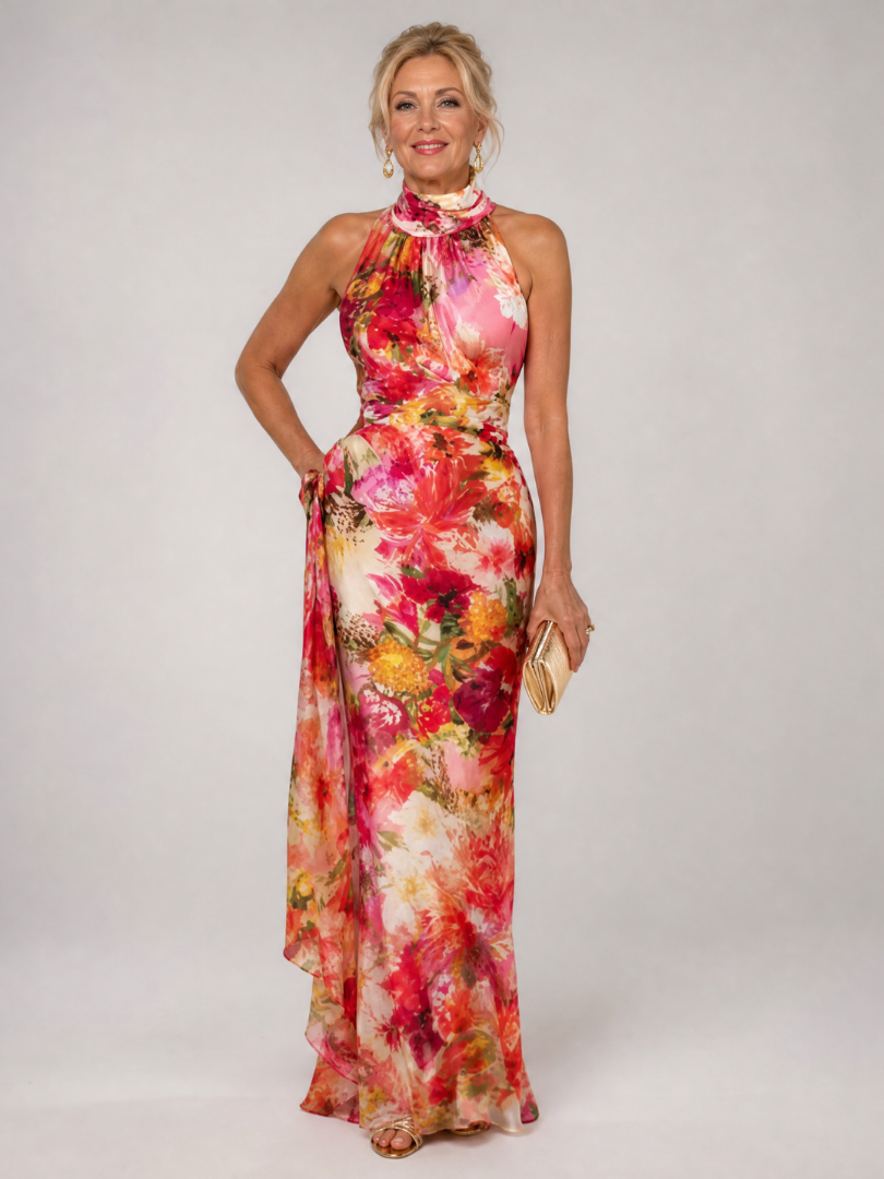 Verónica Vestido largo con estampado floral en rojo