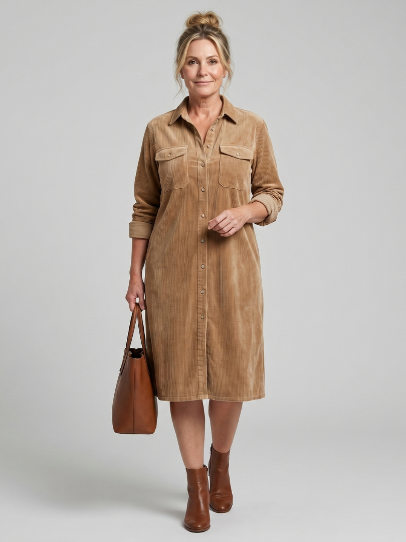 Rocío Vestido camisero en camel tipo pana