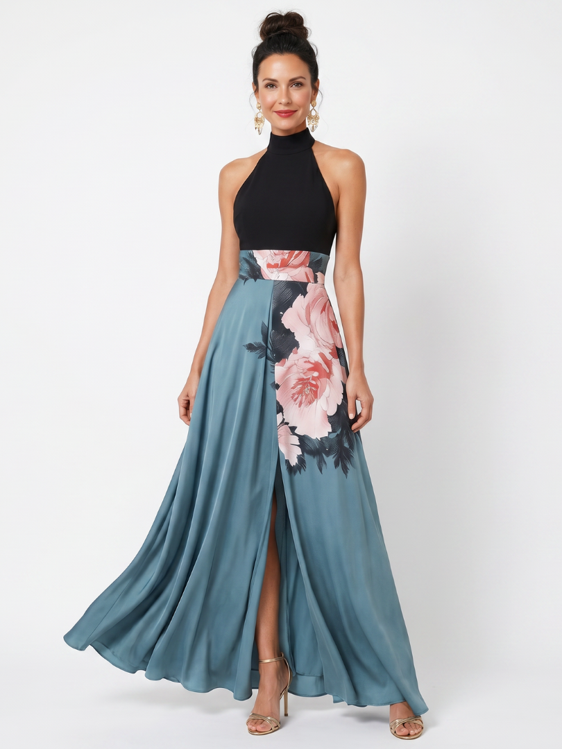 Sandra Vestido largo con top negro y falda floral