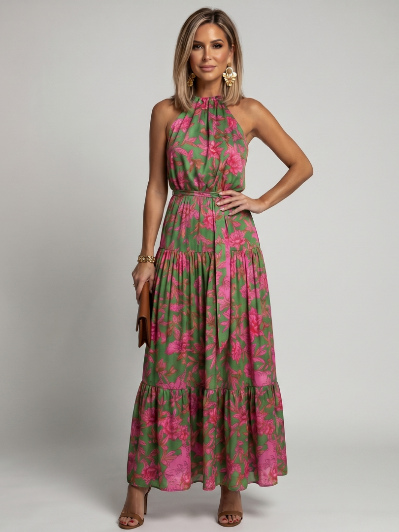 María Isabel Vestido midi con estampado floral en verde y rosa