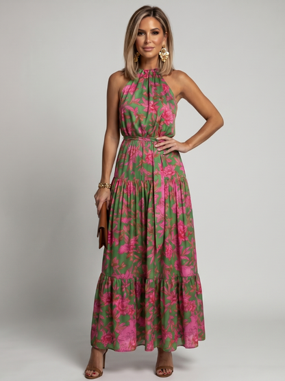 María Isabel Vestido midi con estampado floral en verde y rosa