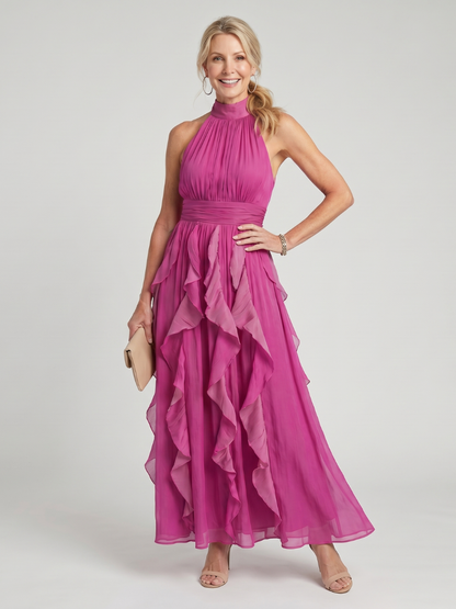 Ana Gabriela Vestido largo en magenta con olanes