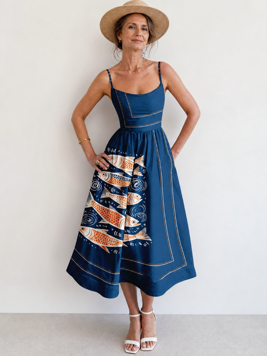 Berenice Vestido midi con estampado de peces y ruedo en contraste