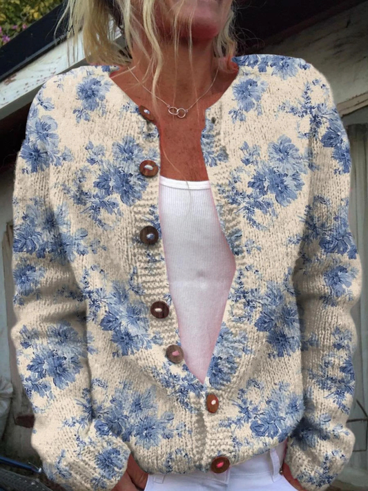 Yolanda™ | Cárdigan crema con flores azules