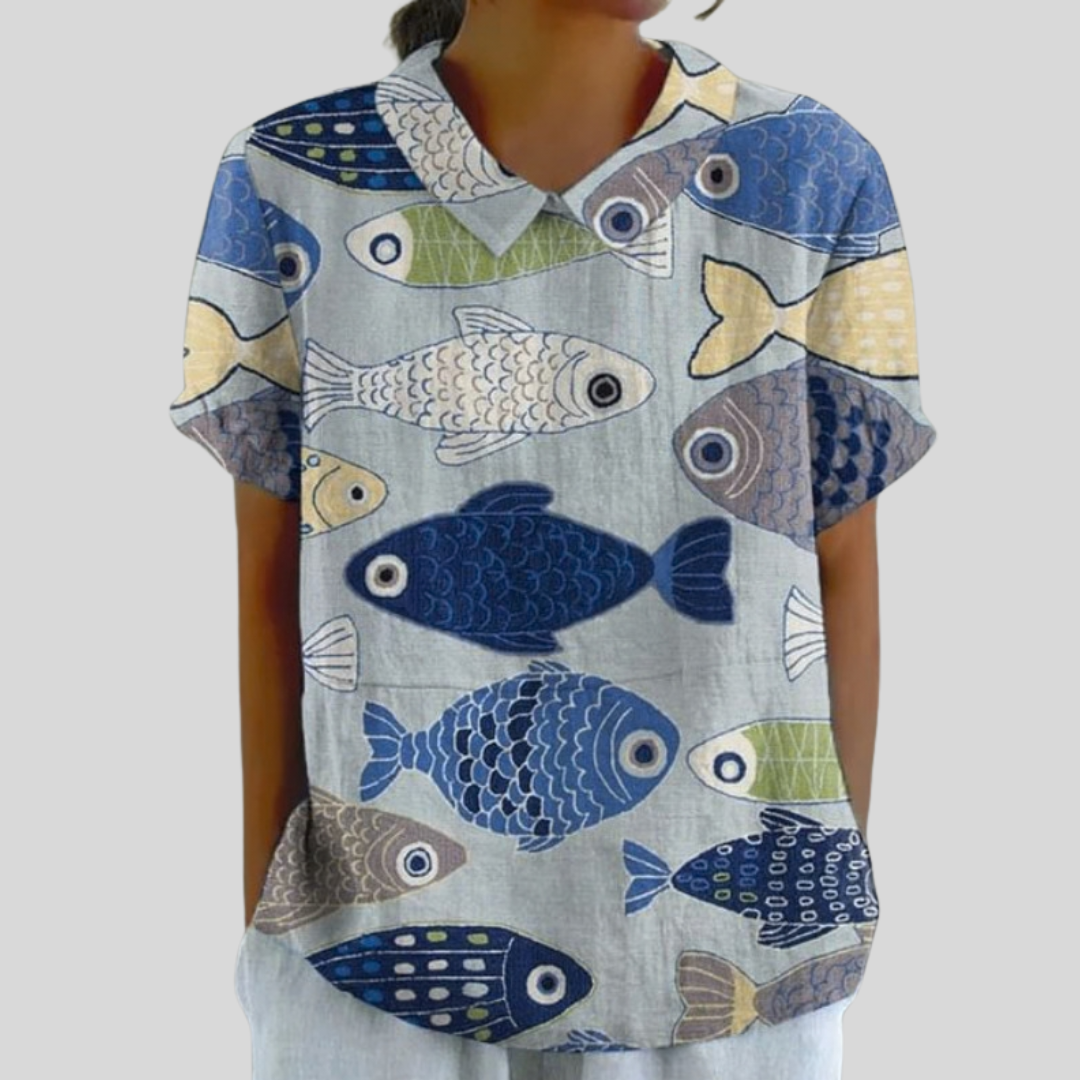 Blusa de Botones de Manga Corta con Estampado de Peces